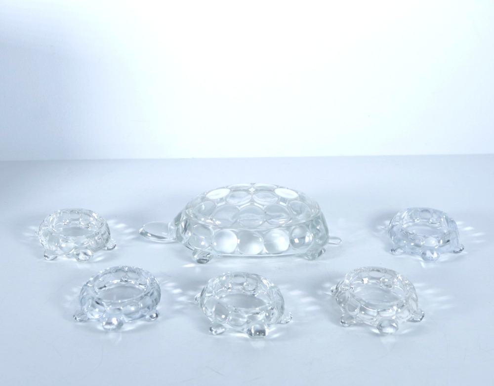 Vintage Clear Glass Turtle Ashtray Set of 6 - Large with Top & 5 Small ashtrays